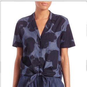 Equipment Femme Navy Blue Cotton Heart Print Short Sleeve Blouse, Size S